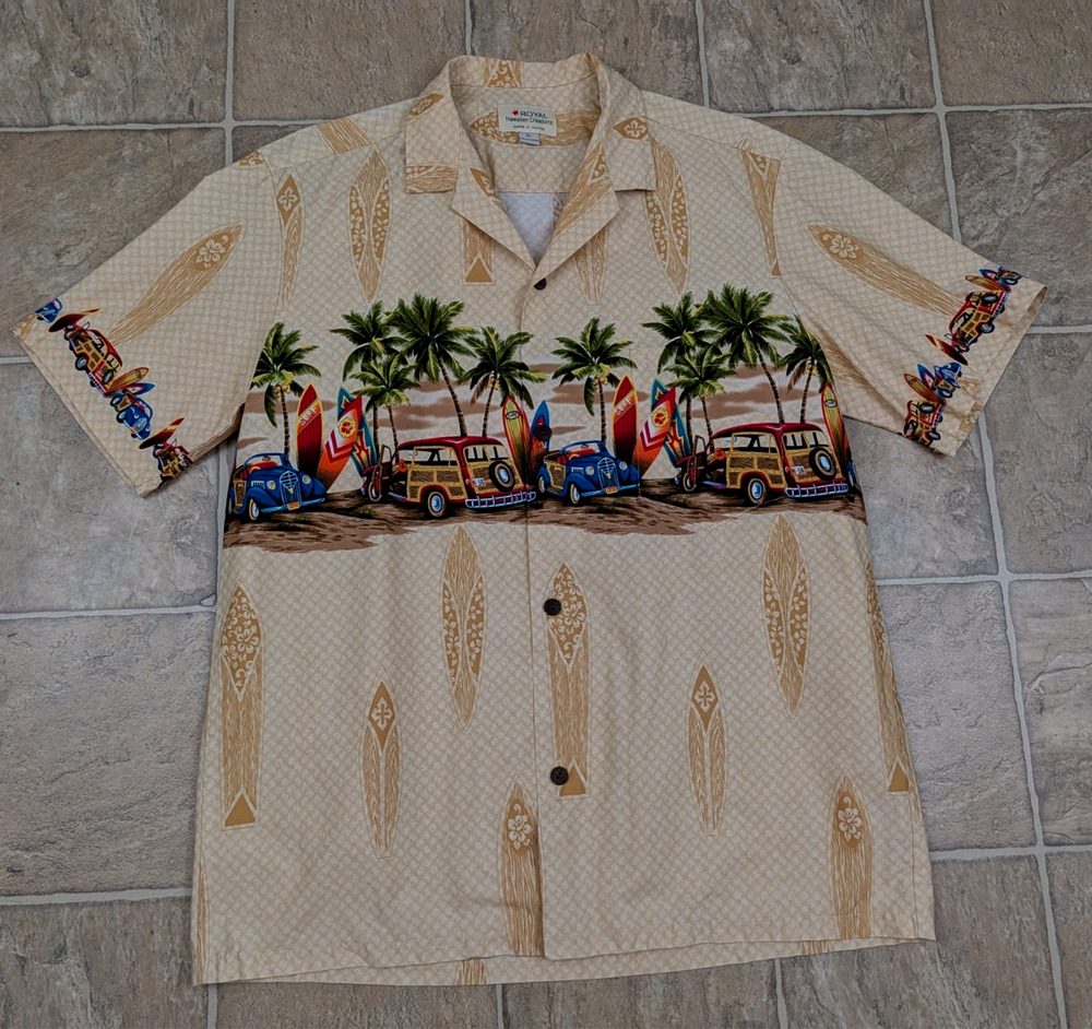 Royal Hawaiian Creations sz XL Shirt surfboards vintage cars ss buttons 4738